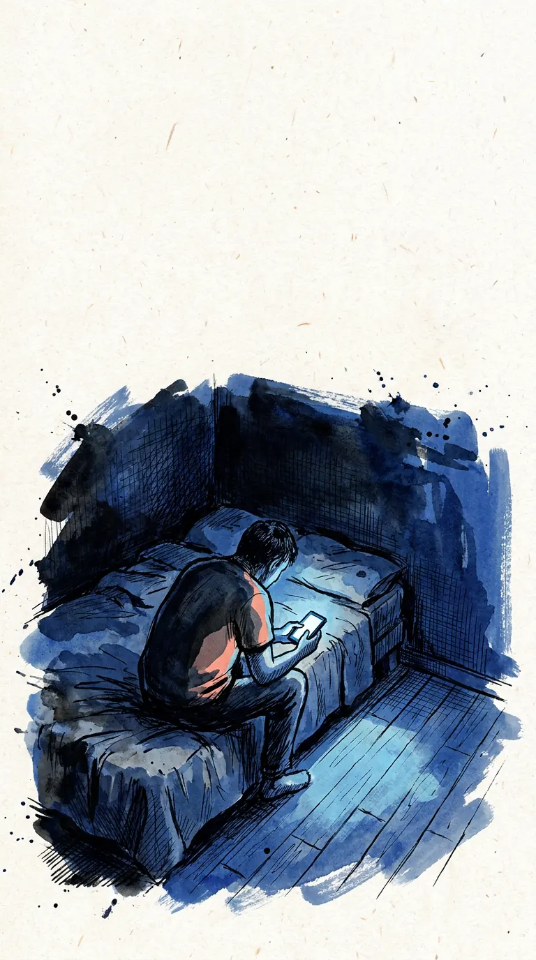 Someone alone in bed at night, looking at a phone