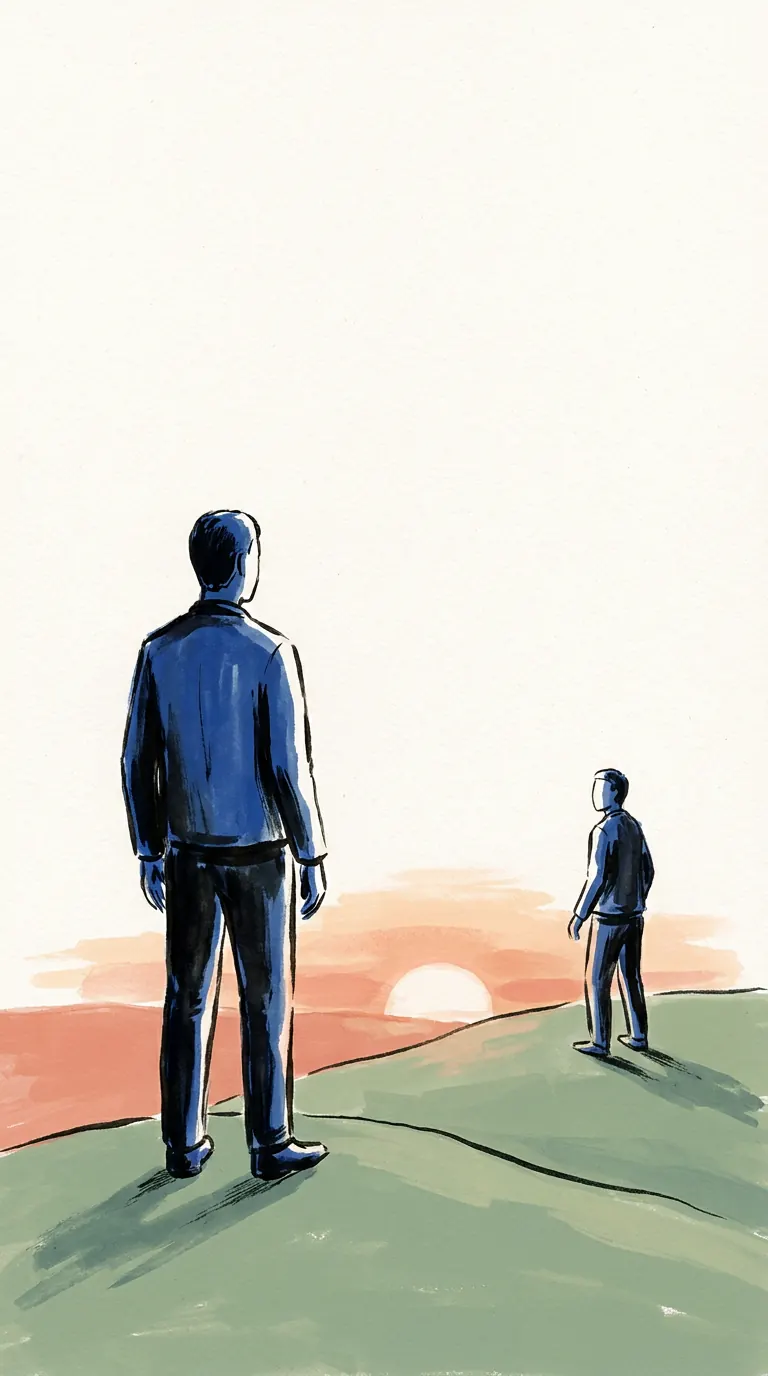 Two people standing on a hill at sunrise